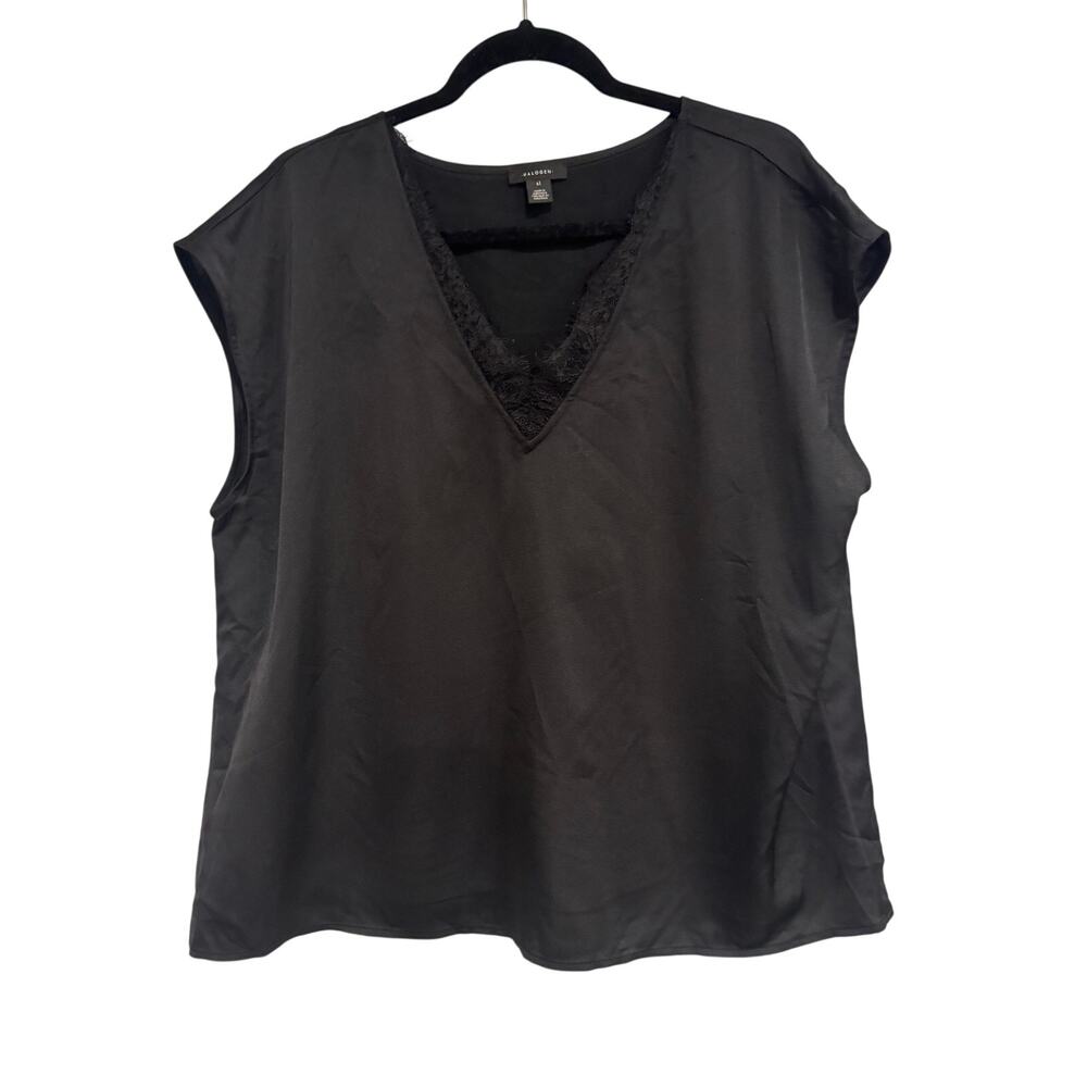 Halogen Black Lace Trim Blouse Women’s XL Satin Look Cap Sleeve Top